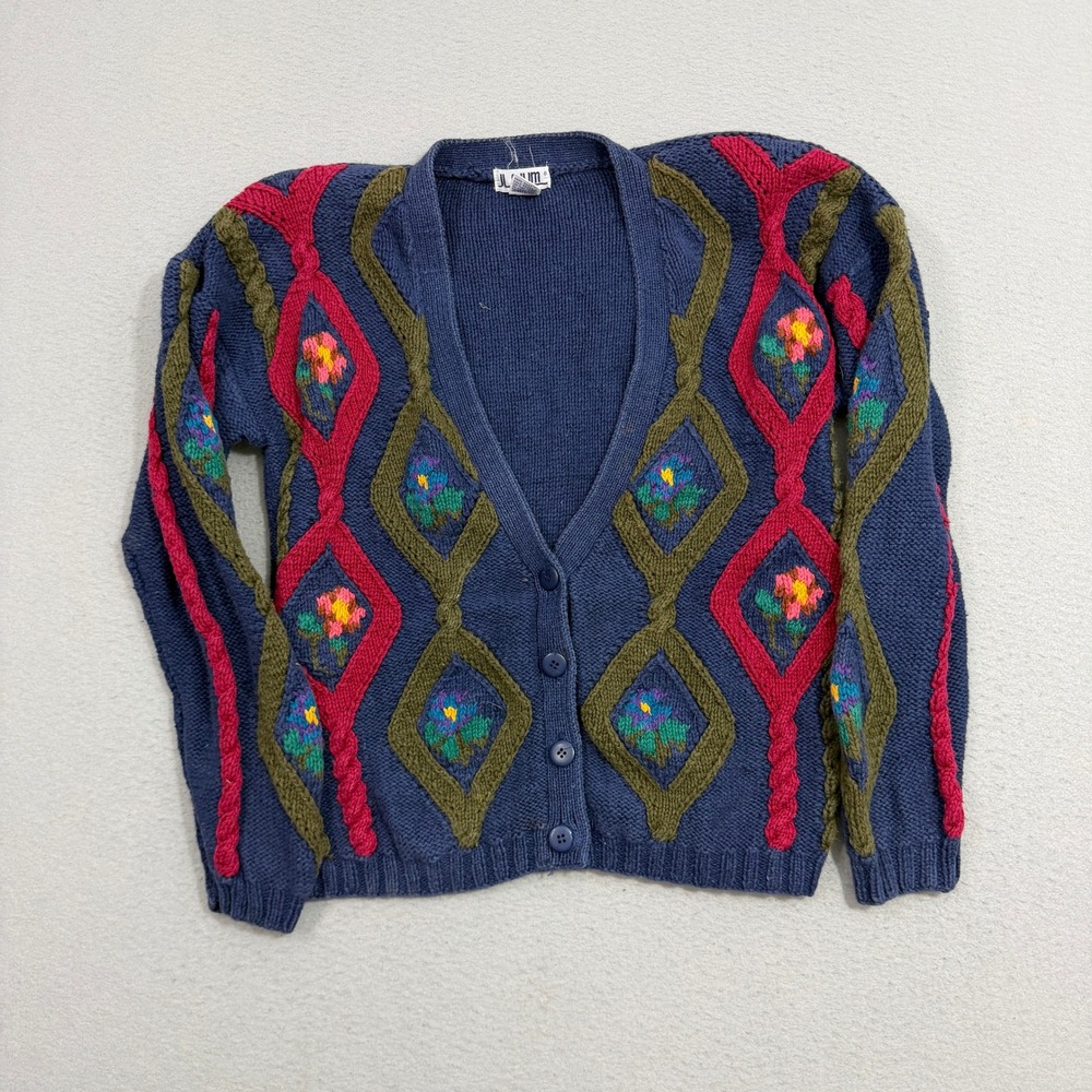 Vintage JL Plum Cardigan Women Large Blue Diamond Floral Knit V-Neck Long Sleeve